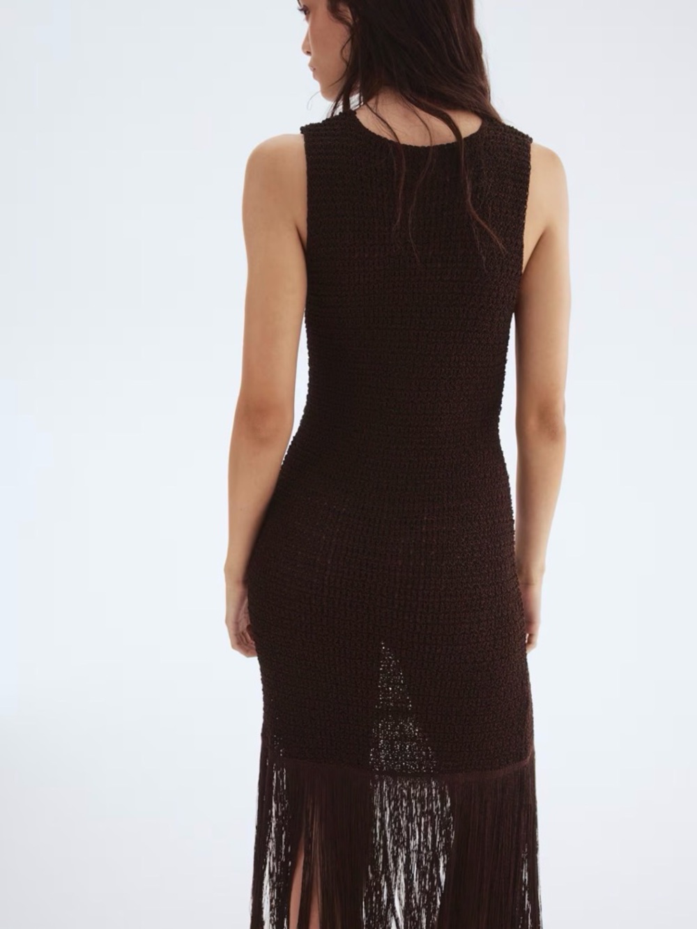 NWOT Sleeveless V-Neck Fringe Knit Maxi Dress - Dark Brown Cotton Blend - Picture 2 of 8